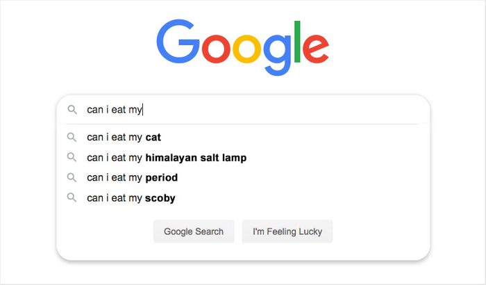 Google search bar suggests queries based on "can I eat my" input, including cat, Himalayan salt lamp, period, and SCOBY.