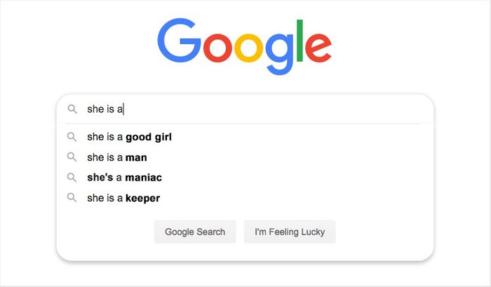 Google search bar shows typing predictions: "she is a good girl," "she is a man," "she's a maniac," "she is a keeper."