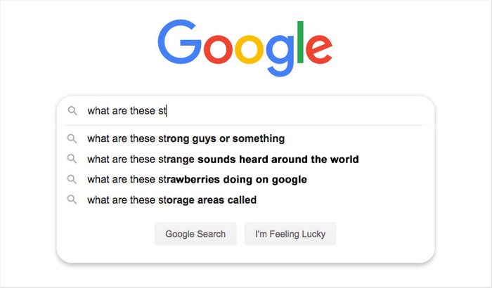 Search bar suggests phrases like "strong guys" and "strange sounds" when typing "what are these st," set on Google search page.