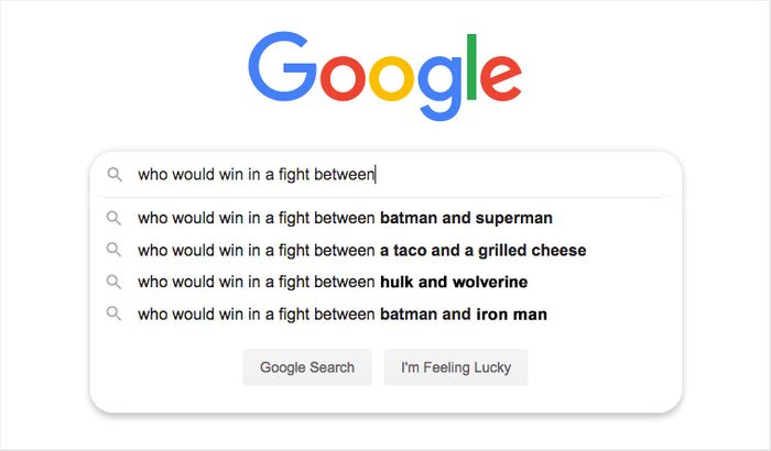 Search bar suggests queries comparing hypothetical fight outcomes, including fictional characters and food, on a simple Google interface.