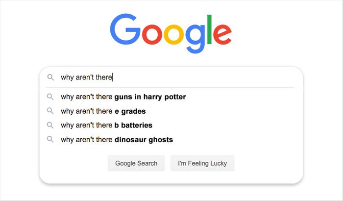Google search bar suggests humorous queries as a user types "why aren't there," with two search buttons below.