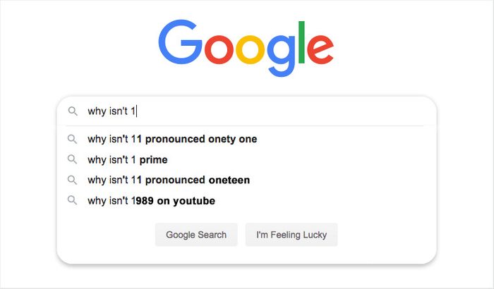 Google search bar suggests humorous queries about pronouncing numbers and a year on YouTube, under the phrase "why isn't 1."