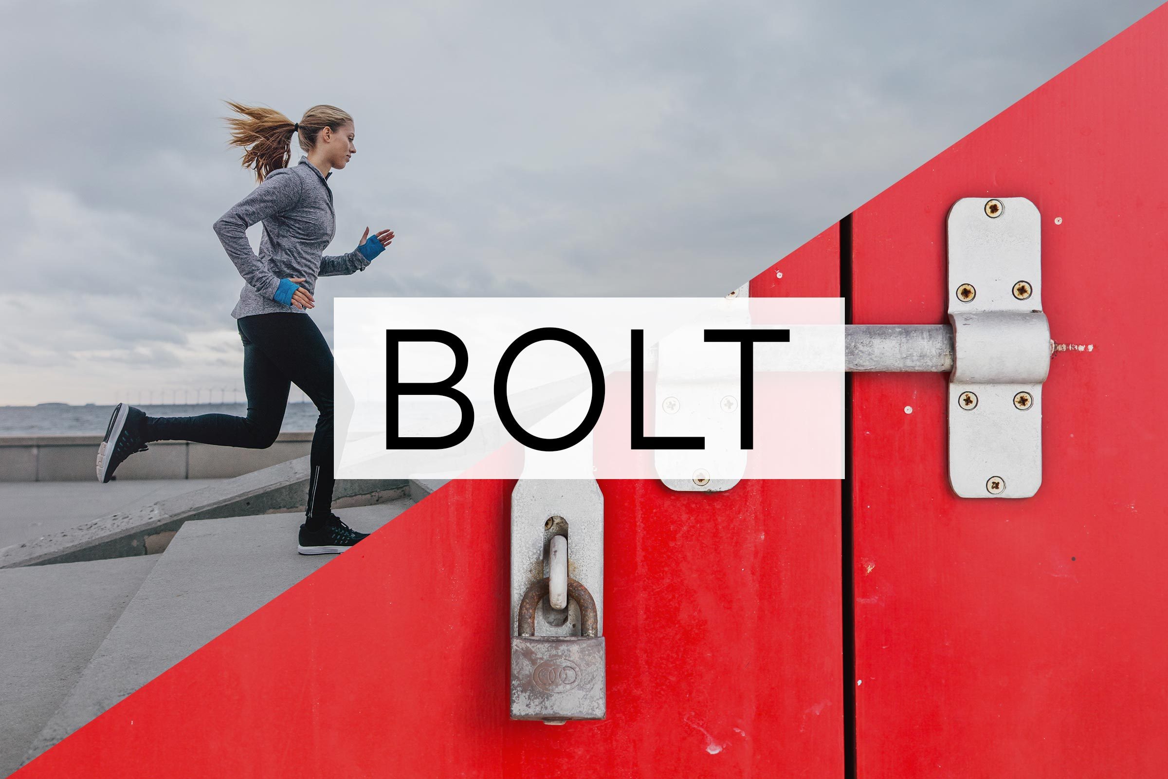 split screen of two meanings of the word bolt with the word over the middle