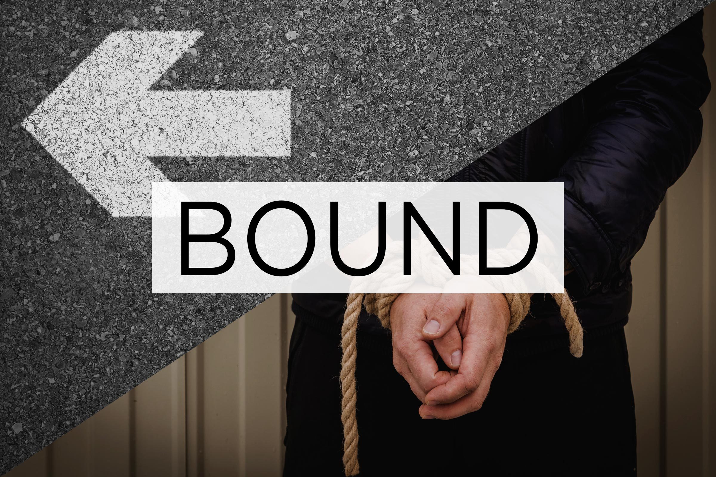 split screen of two meanings of the word bound with the word over the middle