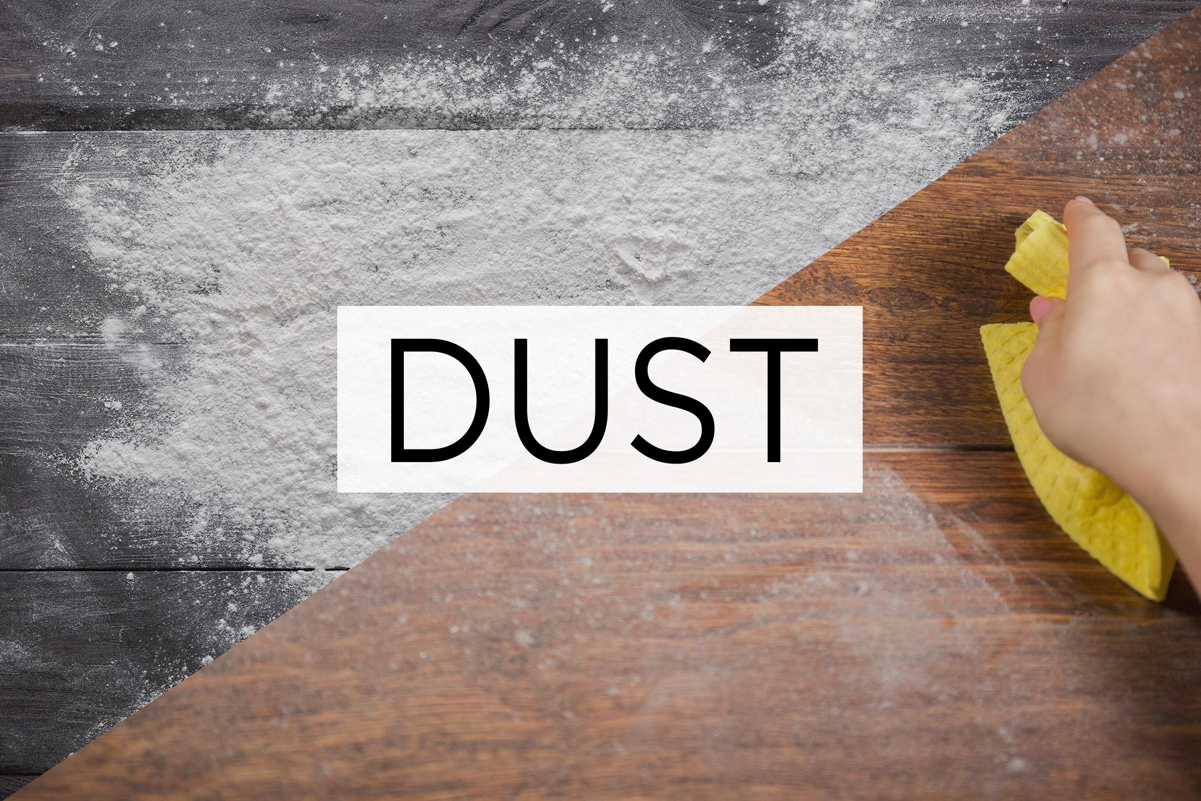 split screen of two meanings of the word dust with the word over the middle