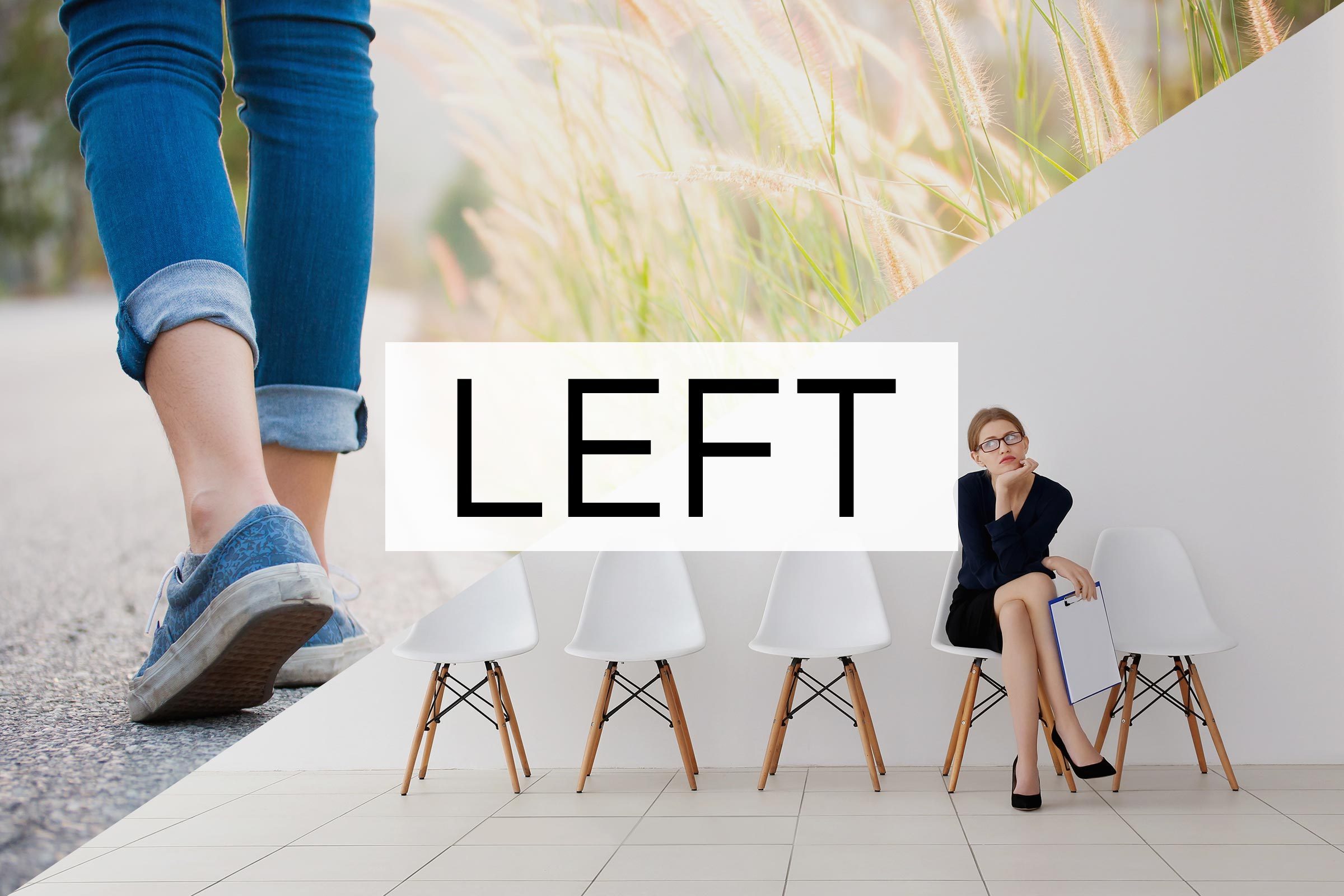split screen of two meanings of the word left with the word over the middle