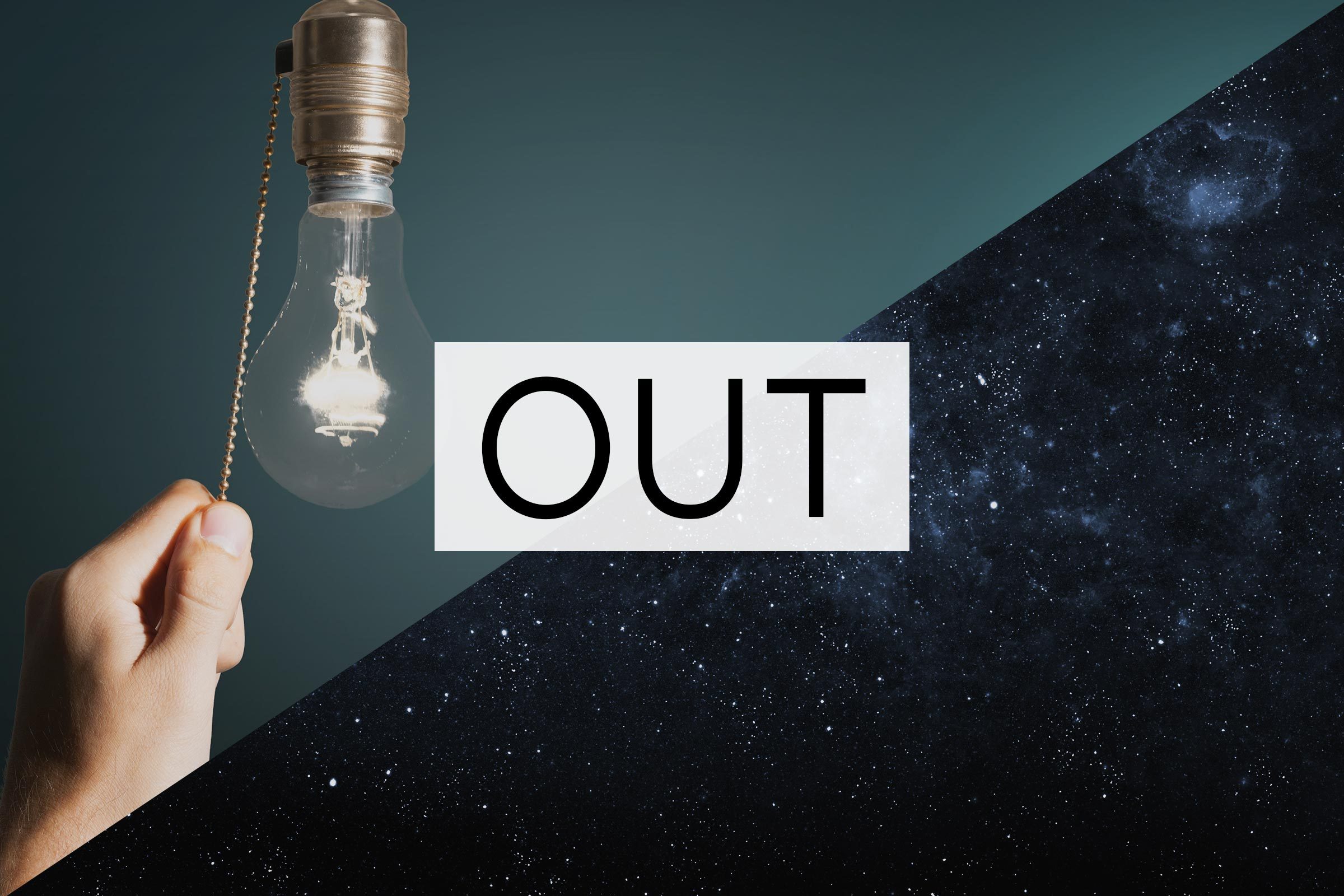 split screen of two meanings of the word out with the word over the middle