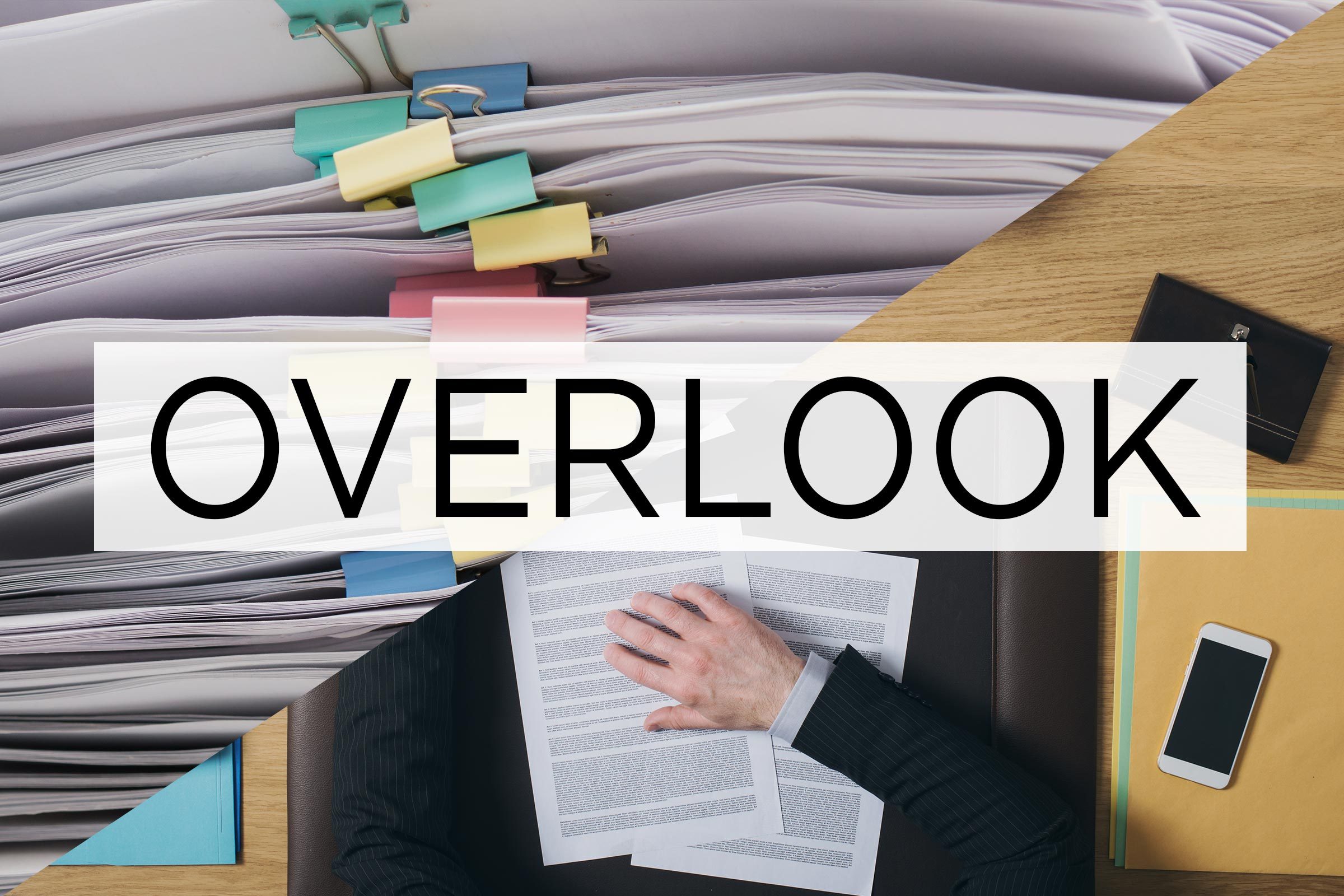 split screen of two meanings of the word overlook with the word over the middle