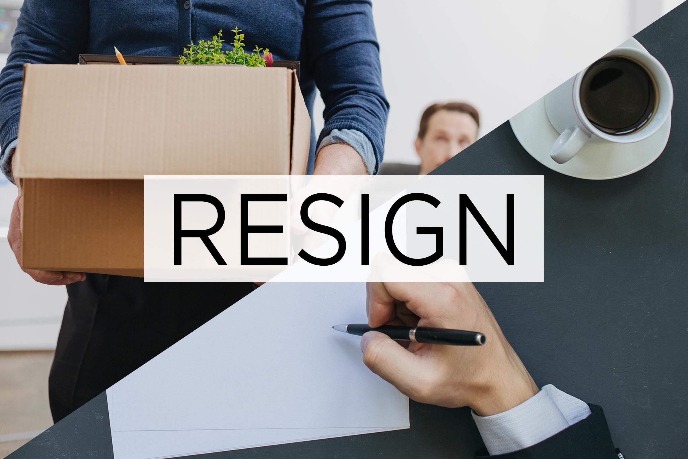 split screen of two meanings of the word resign with the word over the middle