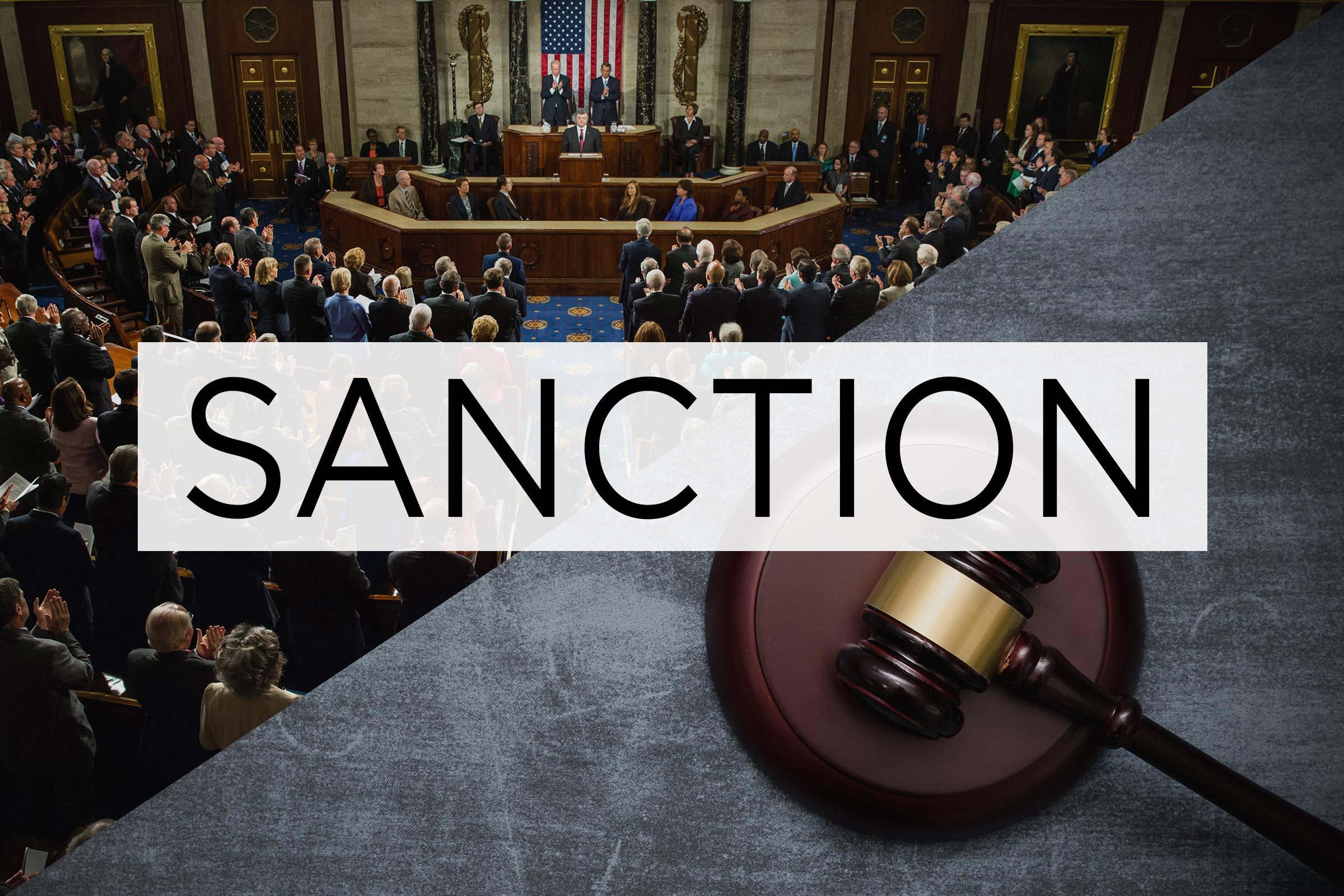 split screen of two meanings of the word sanction with the word over the middle