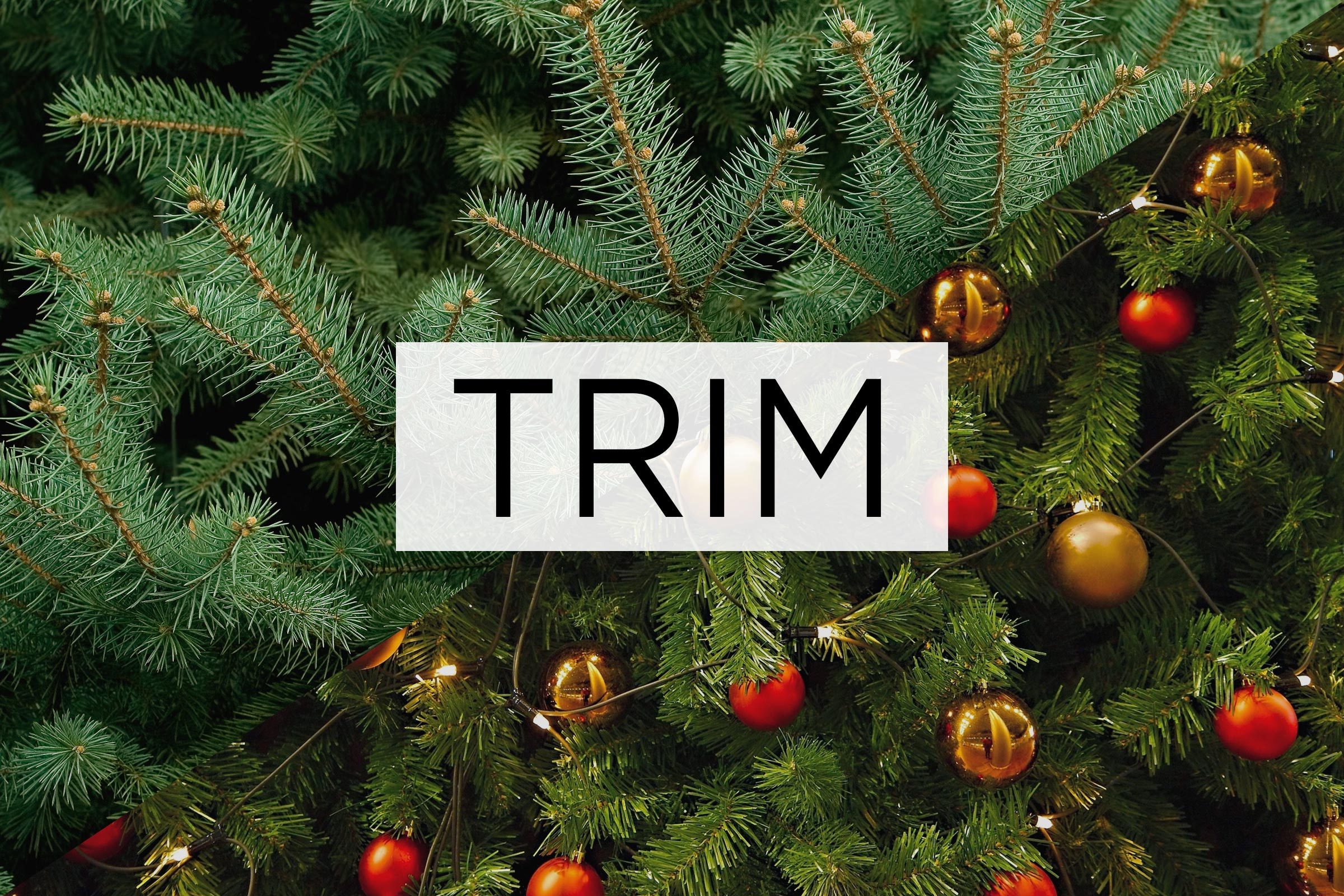 split screen of two meanings of the word trim with the word over the middle