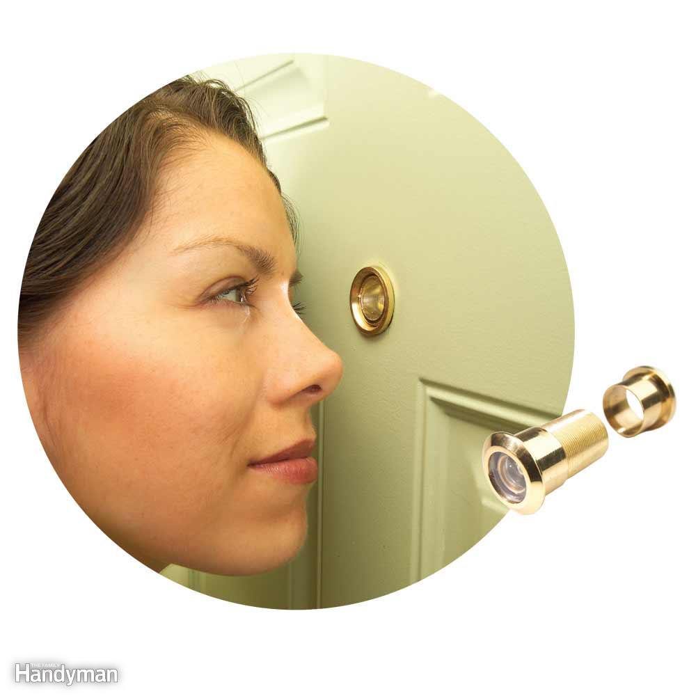 A person looks through a peephole in a door, with the peephole parts shown separate.