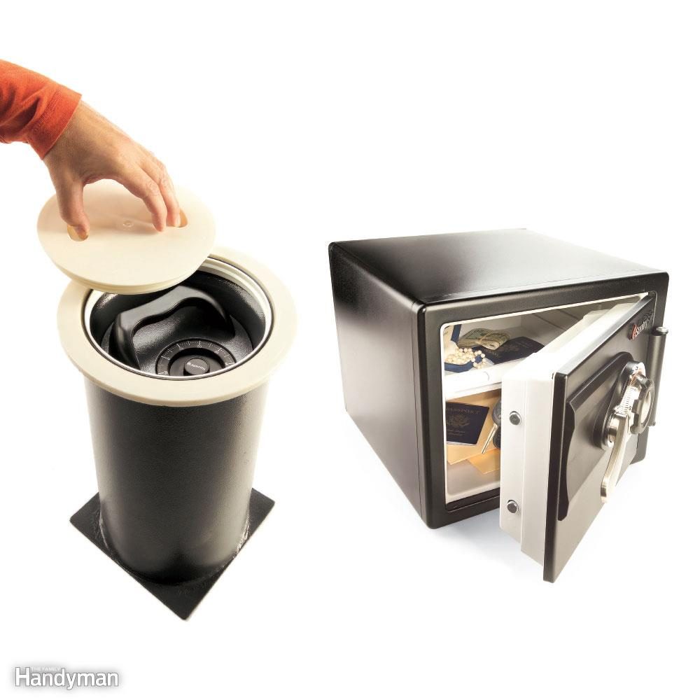 A hand removes a lid from a cylindrical safe; beside, an open box safe displays passports and money.