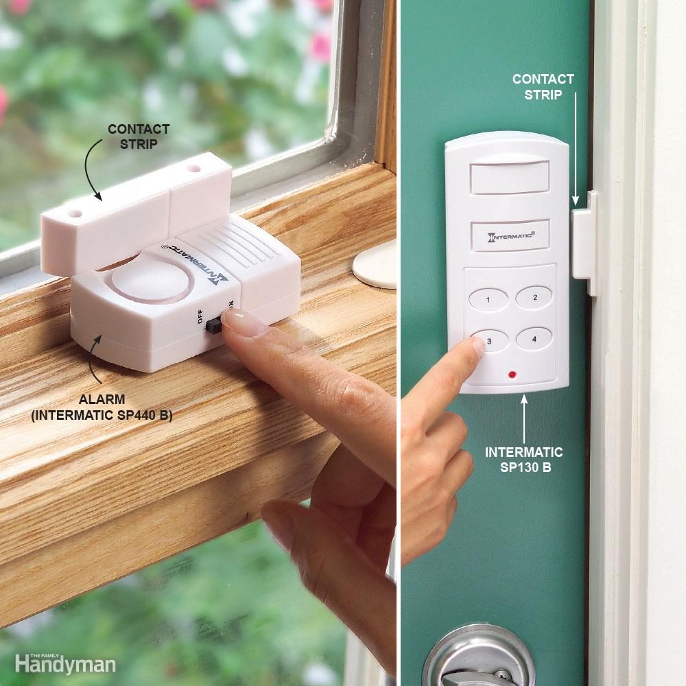 Alarm device being switched on, located on a windowsill; keypad being pressed, attached to a doorframe beside a door handle.