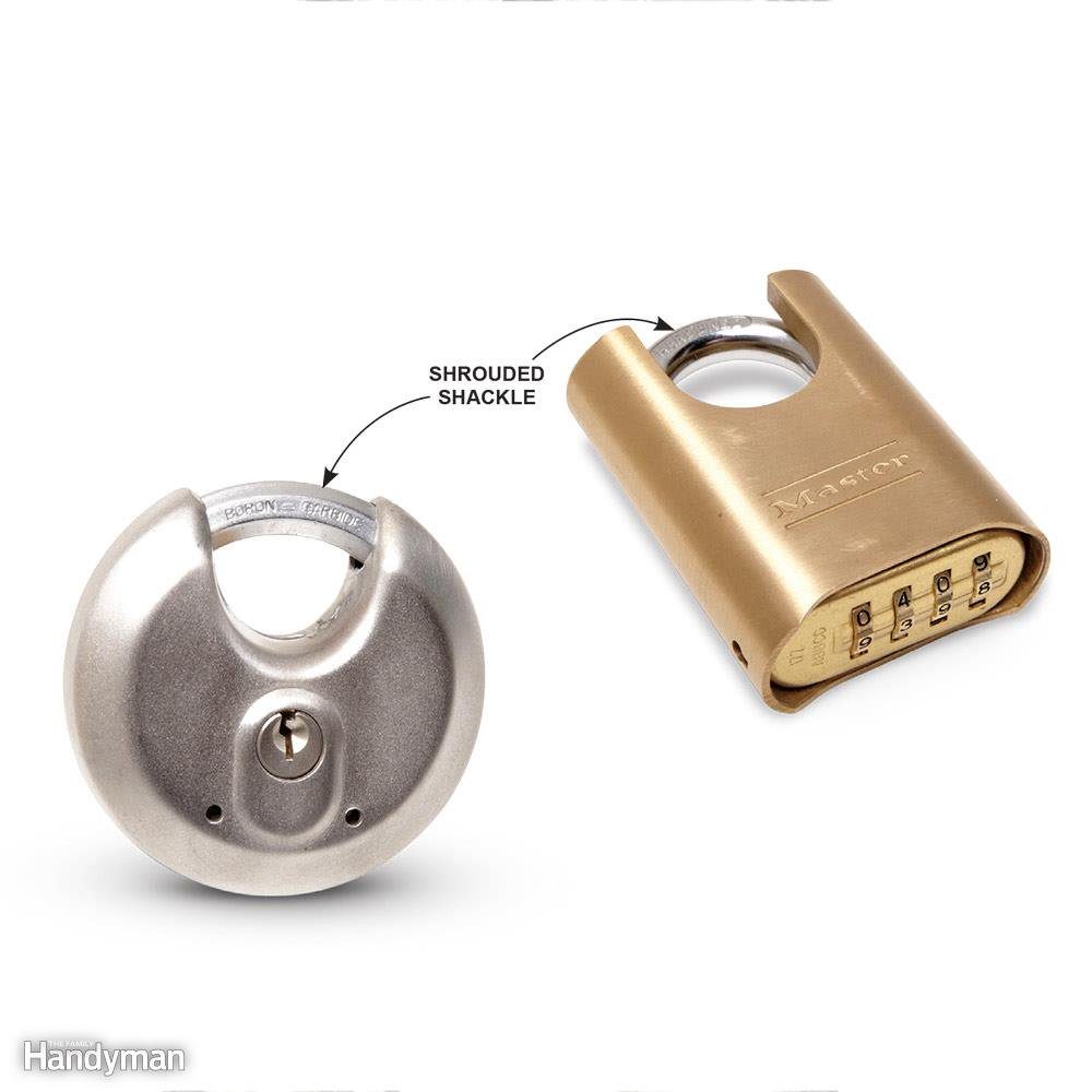 Round padlock and combination lock with "shrouded shackle" label shown on a white background.