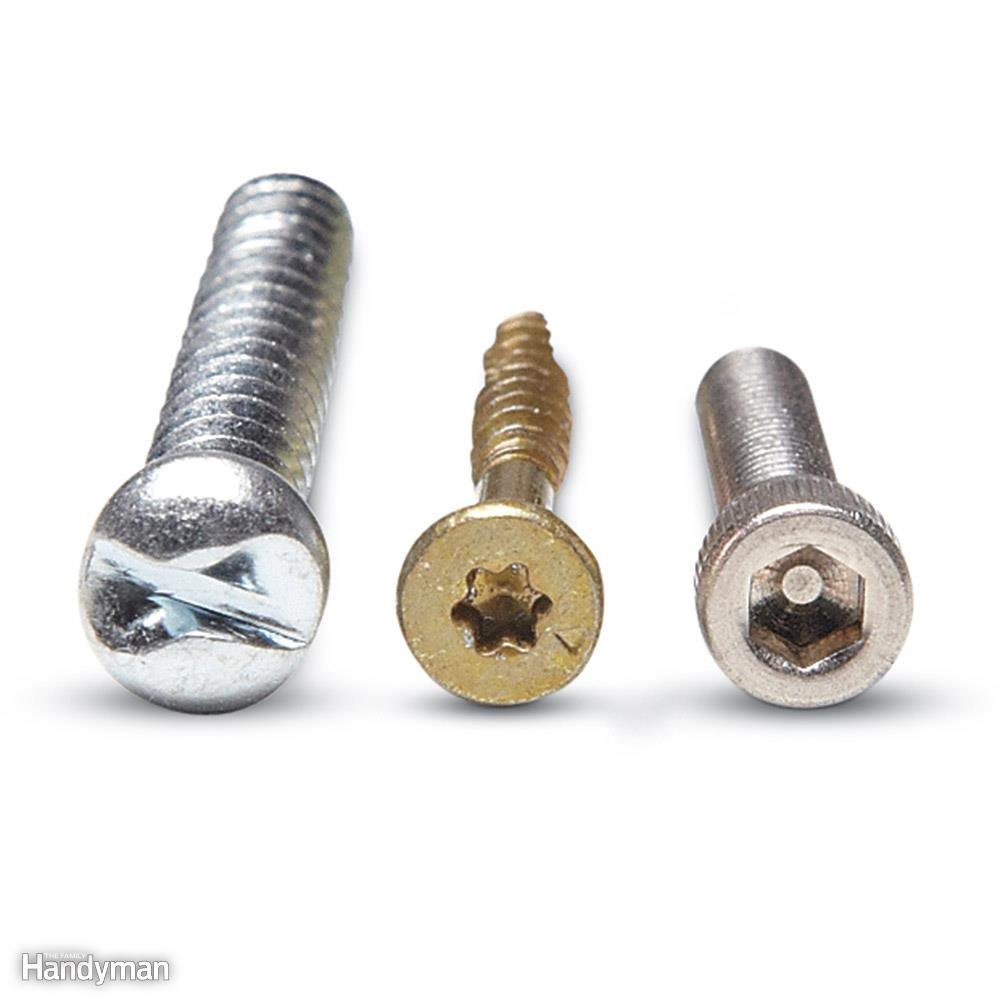 Three screws stand upright on a white background; one is slotted, one Torx, and one with a hex socket.