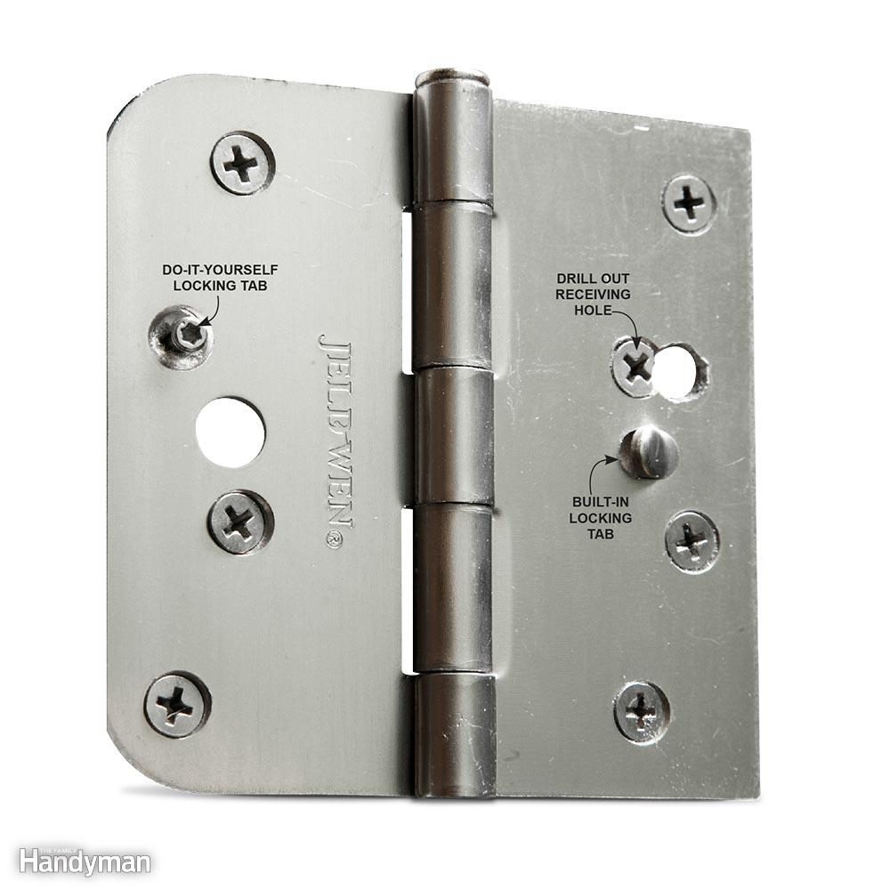 A metal door hinge displays labeled components like screws, locking tabs, and drill hole in a close-up, instructional context.