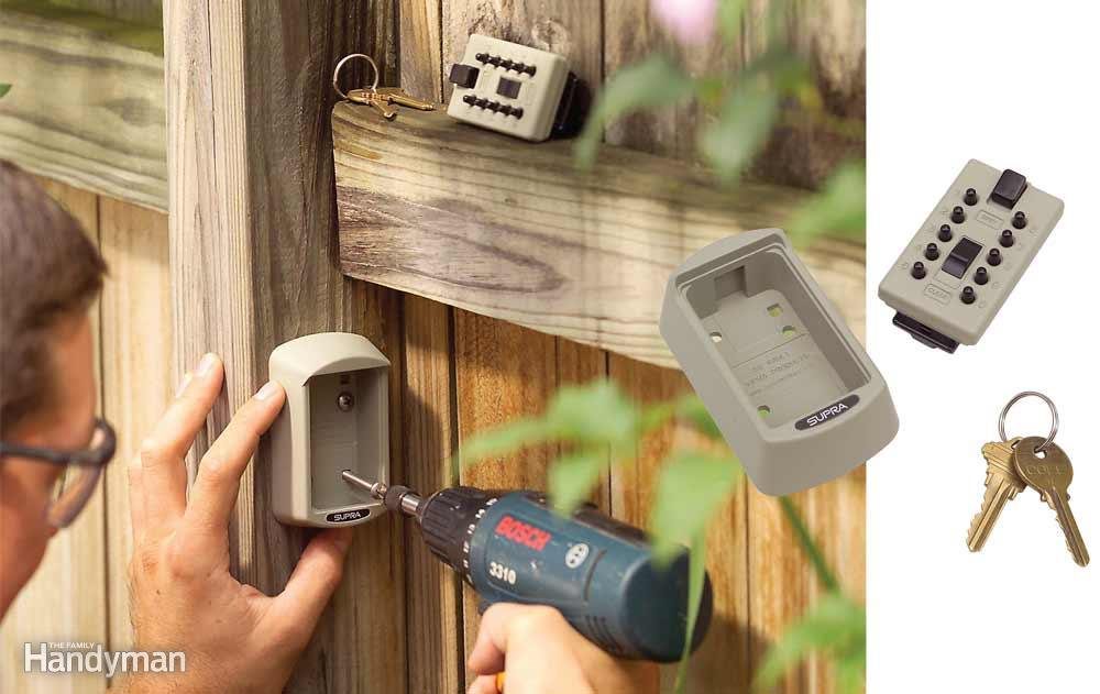 Person installs a lockbox using a drill on a wooden fence; keys and lock components are highlighted nearby.