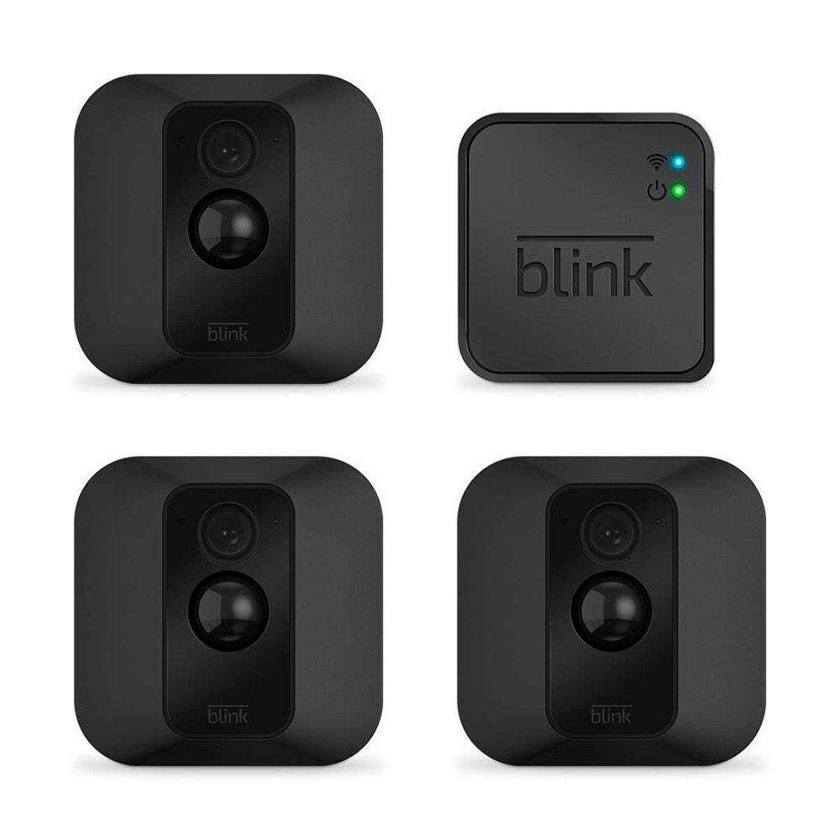 Three black cameras with lenses facing forward, paired with a square module labeled "blink," all set against a white background.