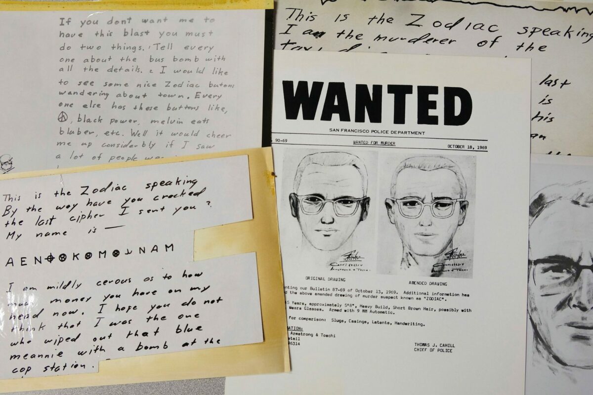 Various letters with handwritten text overlay a "Wanted" poster featuring a sketch of a man with glasses, titled "San Francisco Police Department."