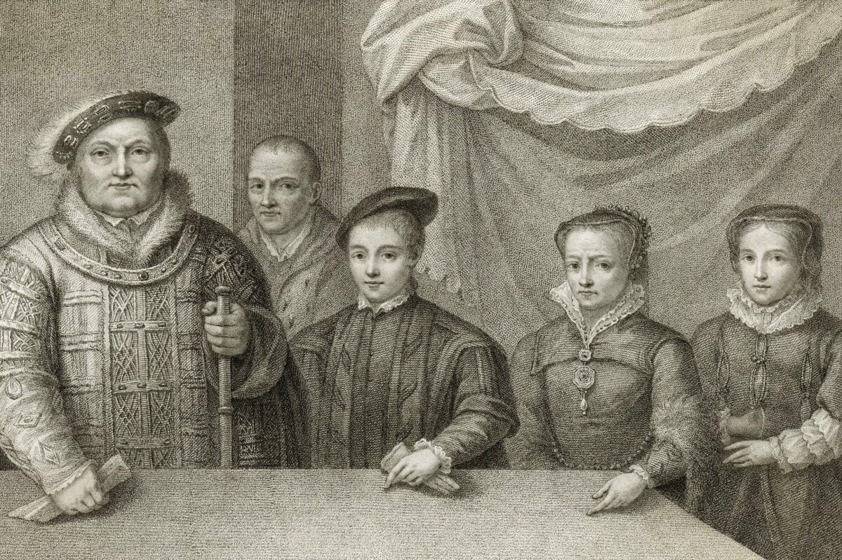 Figure stands holding a scroll, surrounded by individuals in period clothing, against a textured draped background.