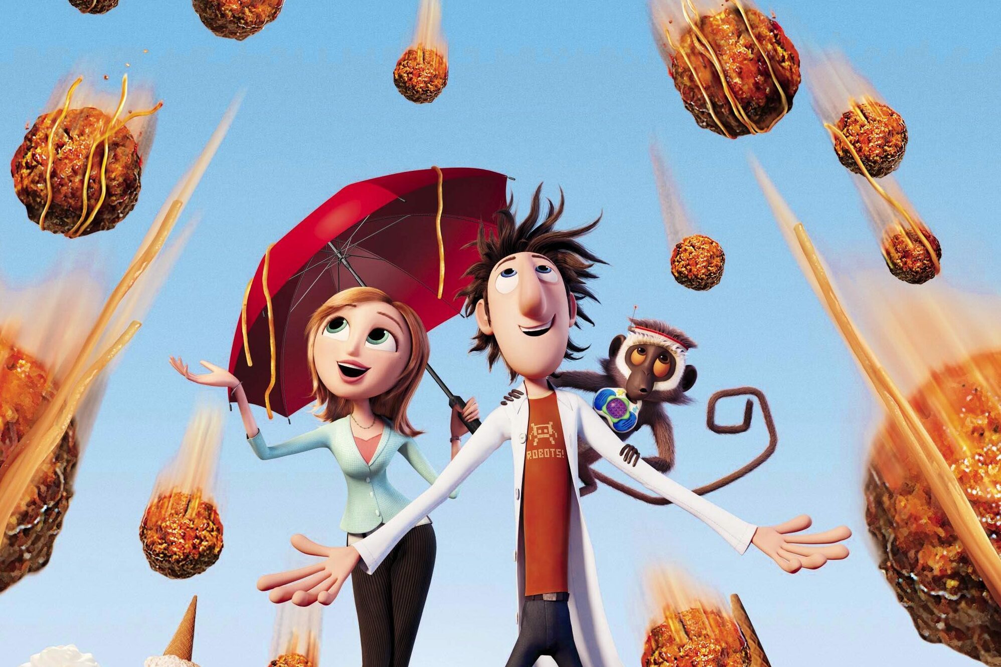 Characters gaze up, surrounded by large falling meatballs, under a clear blue sky. One character holds a red umbrella. A monkey clings to another.