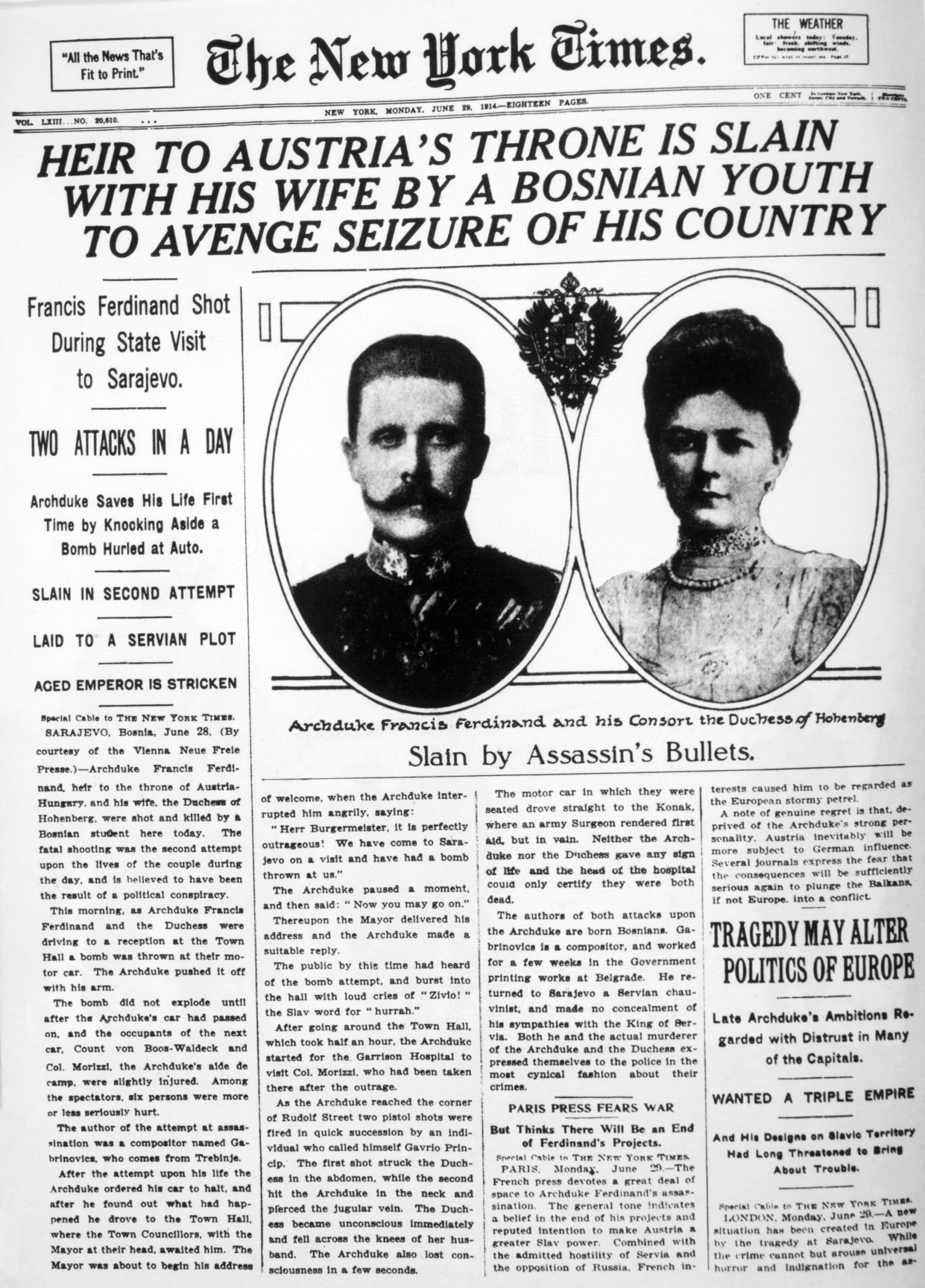 Newspaper headlines report Archduke’s assassination, featuring photos of Franz Ferdinand and wife. Articles recount events and speculate political consequences in early 20th-century Europe.