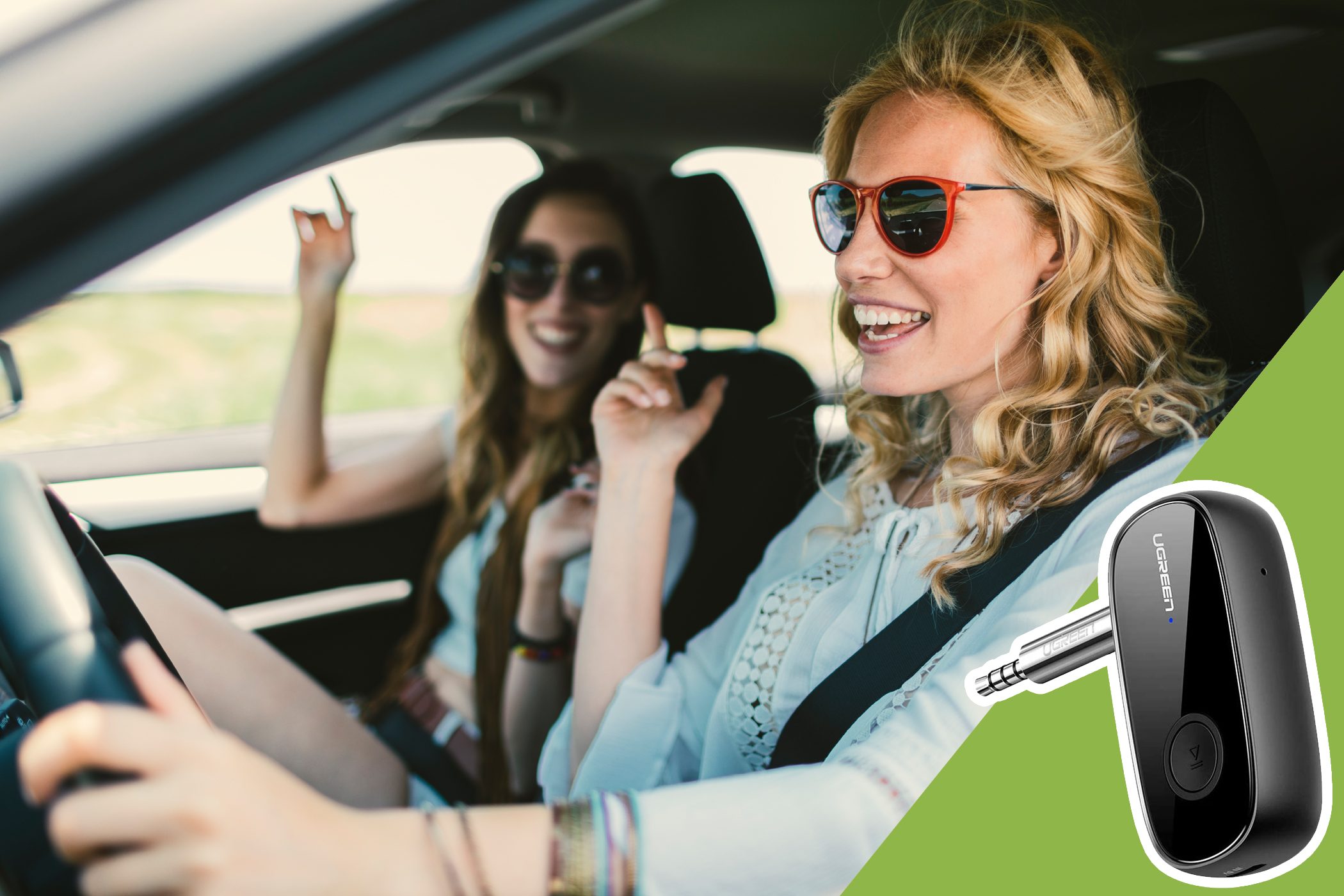 women dancing in car with inset of bluetooth connector 