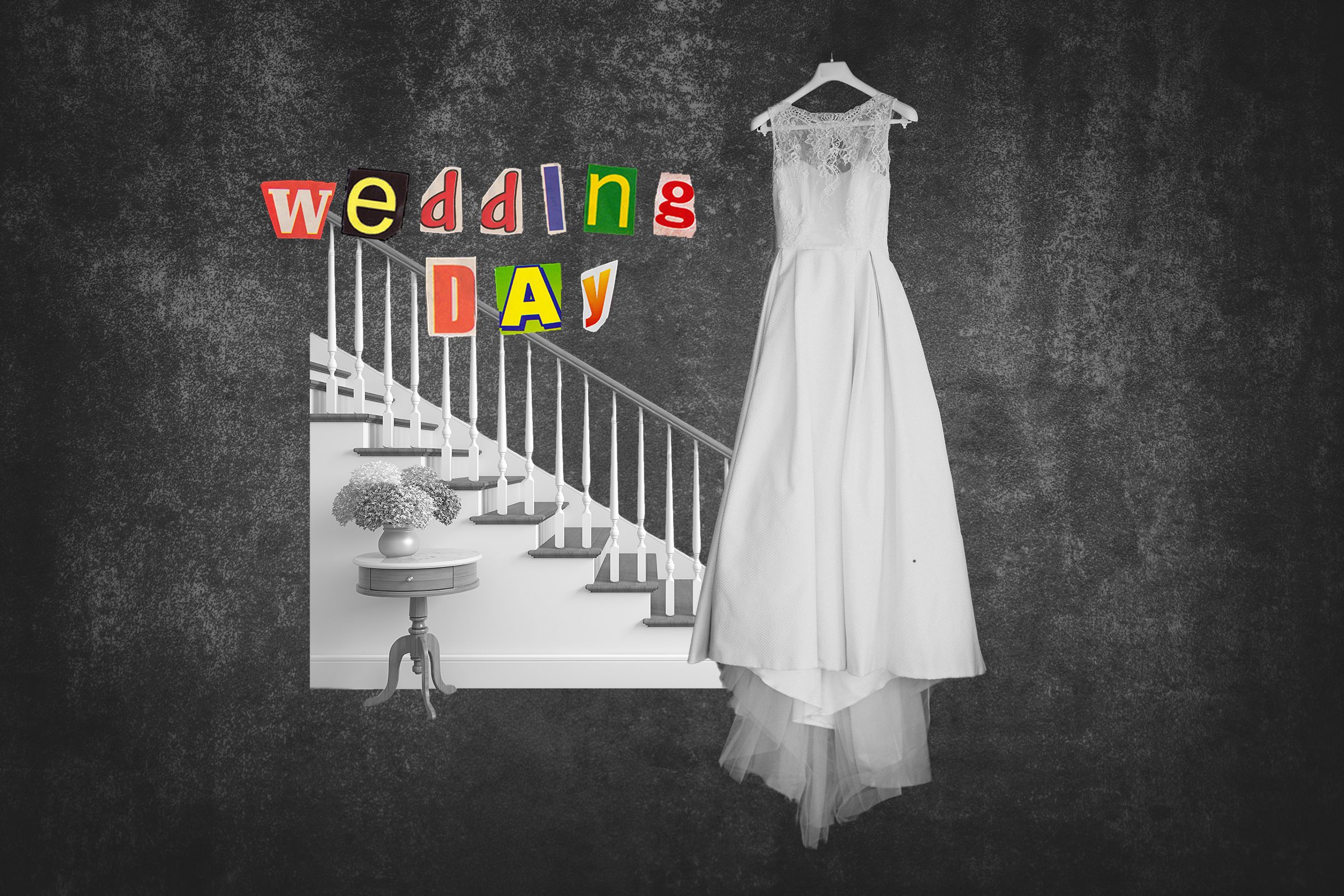 Staircase Next To Wedding Dress On Hanger With Text Wedding Day