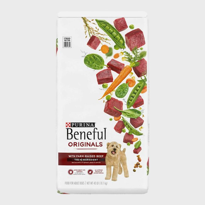Dog food bag displays beef cubes, vegetables floating, featuring ingredients and branding; a happy dog stands below. Contains text about farm-raised beef and nutrition.