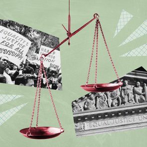 Scales balance amidst protest images and architectural detail; signs read 