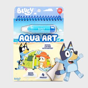Book features Bluey-themed aqua art; characters play on a beach. Text: 
