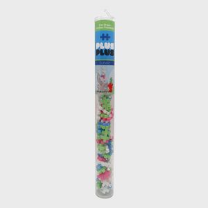 Transparent tube holds colorful puzzle pieces; text reads, 