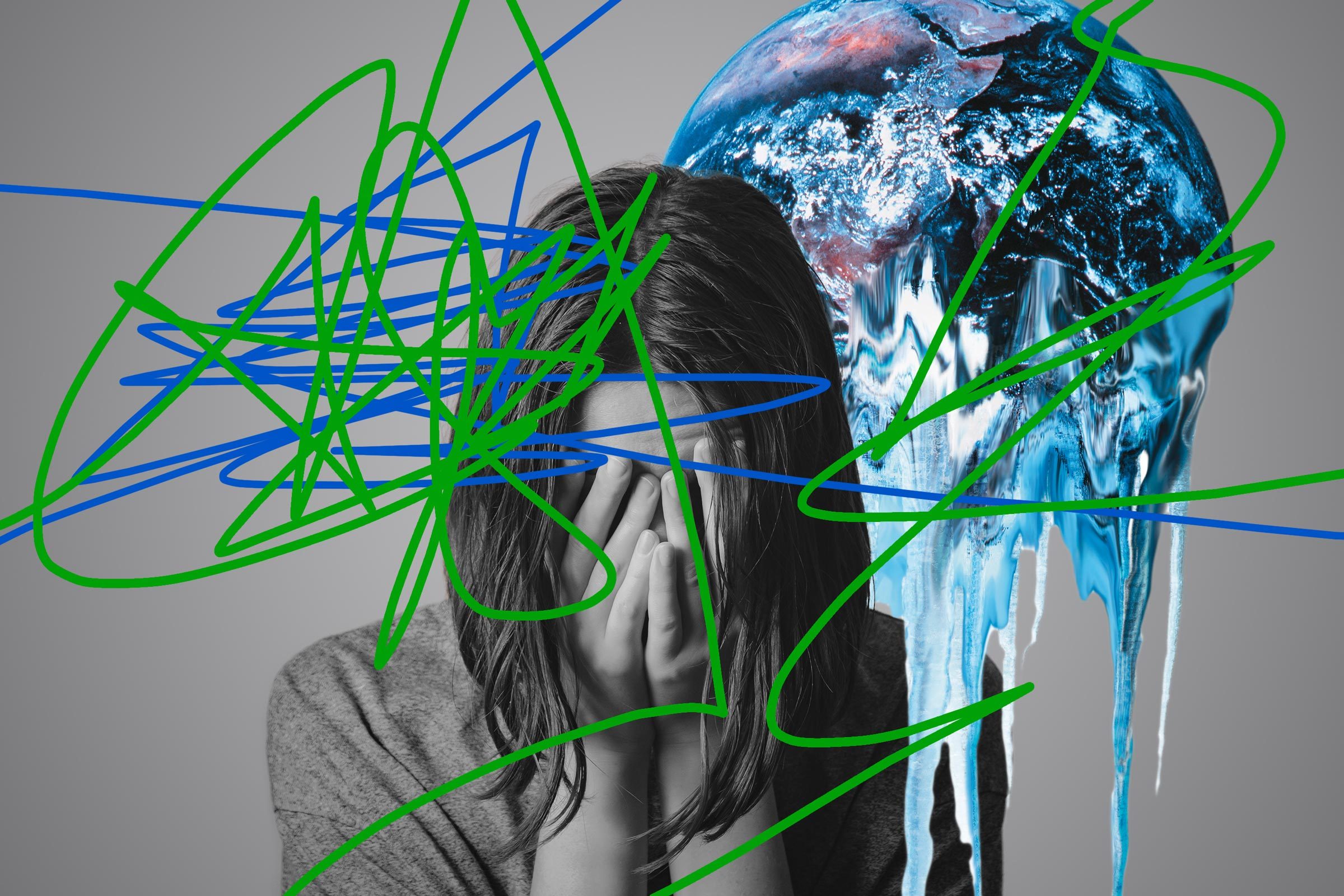 A person covers their face, overlapping abstract blue and green scribbles, with a melting Earth in the background.