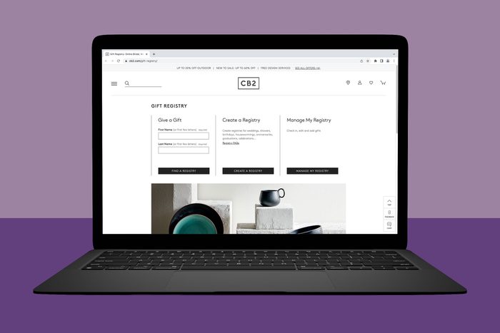 Laptop displays a gift registry webpage with options to find, create, or manage registries, against a purple background.