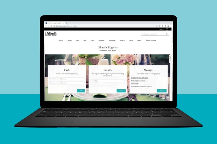 A laptop displays Dillard's registry webpage, featuring sections to find, create, or manage registries, against a teal background.