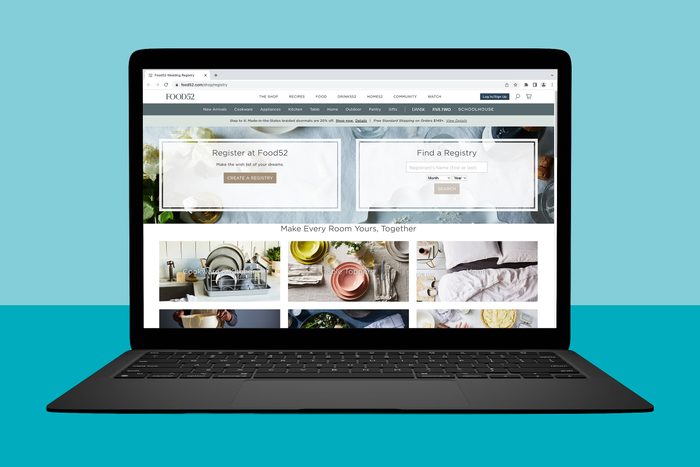 Laptop displays a website for Food52's wedding registry, featuring options to create or find a registry, with images of kitchenware and home decor.