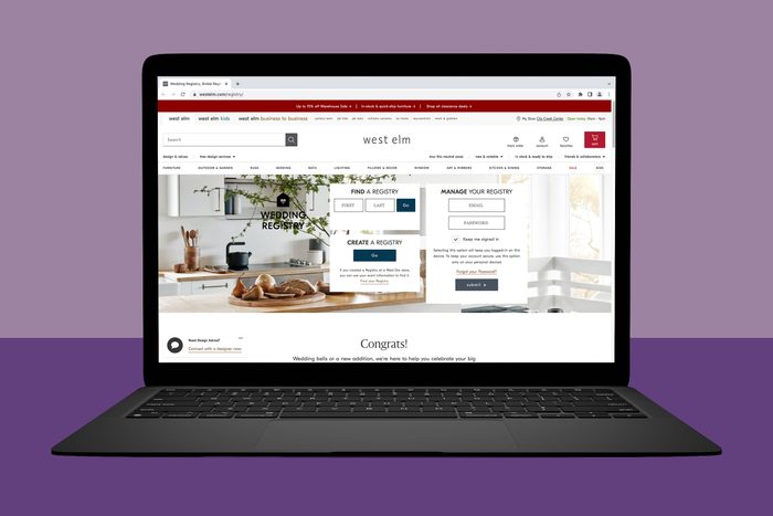 Laptop displaying West Elm's wedding registry page, showcasing registry options and kitchen scene, set against a solid purple background.