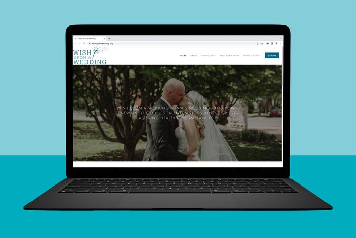 Laptop displays website featuring a couple kissing, surrounded by trees. Text states granting weddings and renewals to couples with serious health issues.