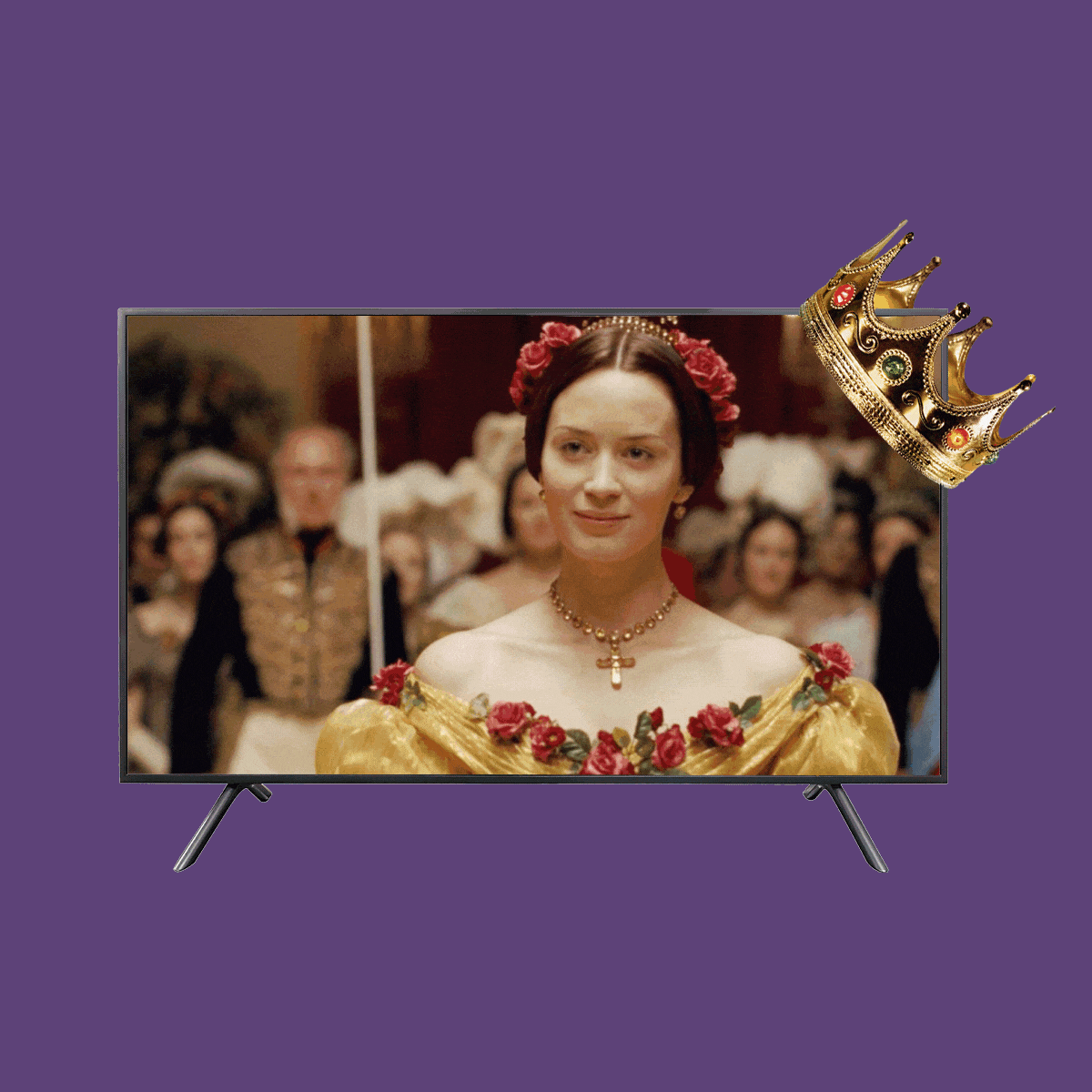 A television displays a woman in period attire smiling, surrounded by a crowd. A digital crown hovers above, on a purple background.