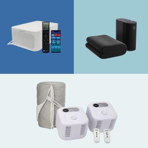 Three cooling devices displayed: a climate control unit with remote and app, a folded black blanket with controller, and a wrapped gray mat with dials.
