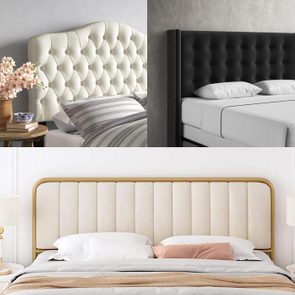 Headboards in various styles adorn beds; ornate, tufted, and modern designs enhance bedroom decor with surrounding pillows and neutral background tones.