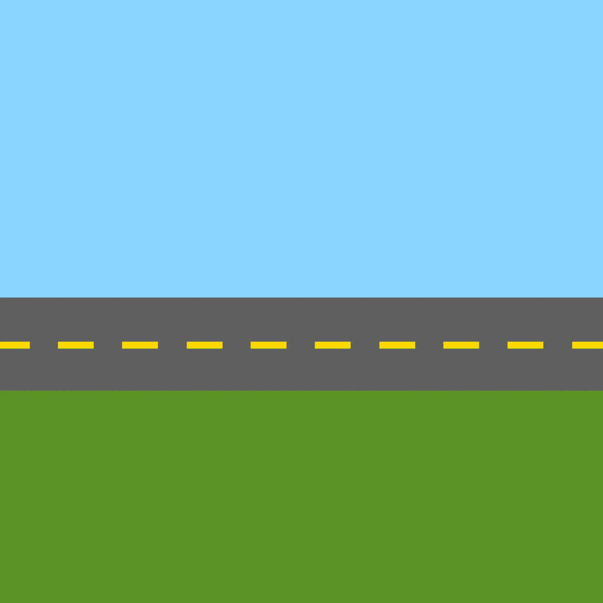 Airplane lands smoothly on a gray runway with yellow stripes, set against a blue sky and green grass.