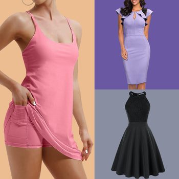 Pink romper with pockets displayed on beige background; adjacent are a purple ruffle dress and a black lace dress on colored backgrounds.