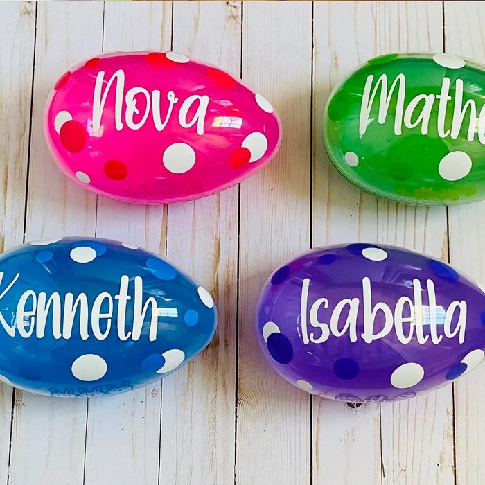 Colorful plastic eggs display names 