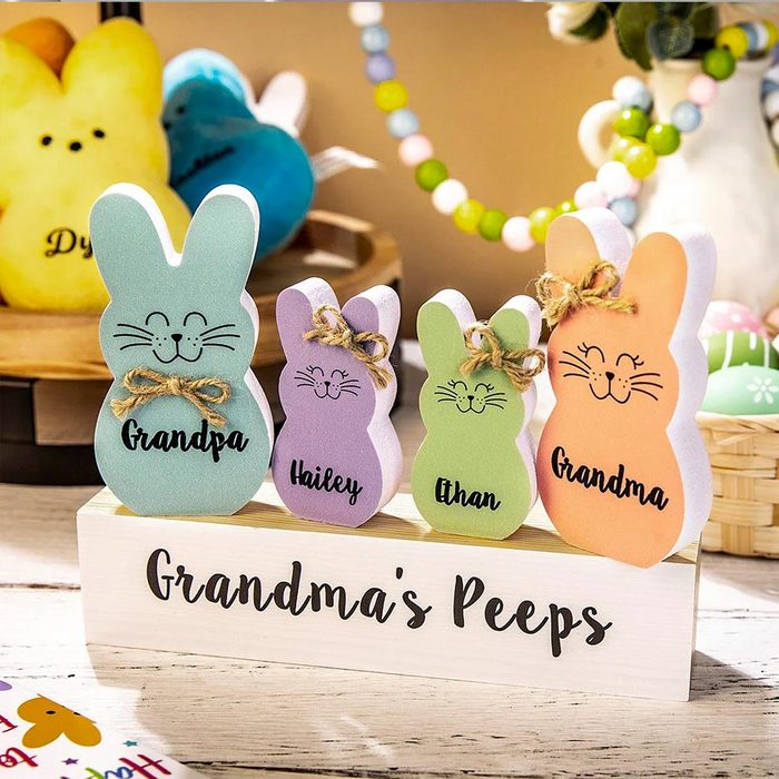 Colorful bunny figures labeled 