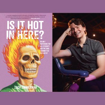 Book cover features flaming skull with text "Is It Hot in Here?" Person sits smiling in a dimly lit room.