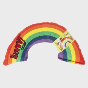 Rainbow-shaped toy displays vibrant colors, including red, orange, yellow, green, blue, and purple. 