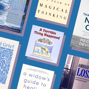 Book covers displayed diagonally, including titles like 