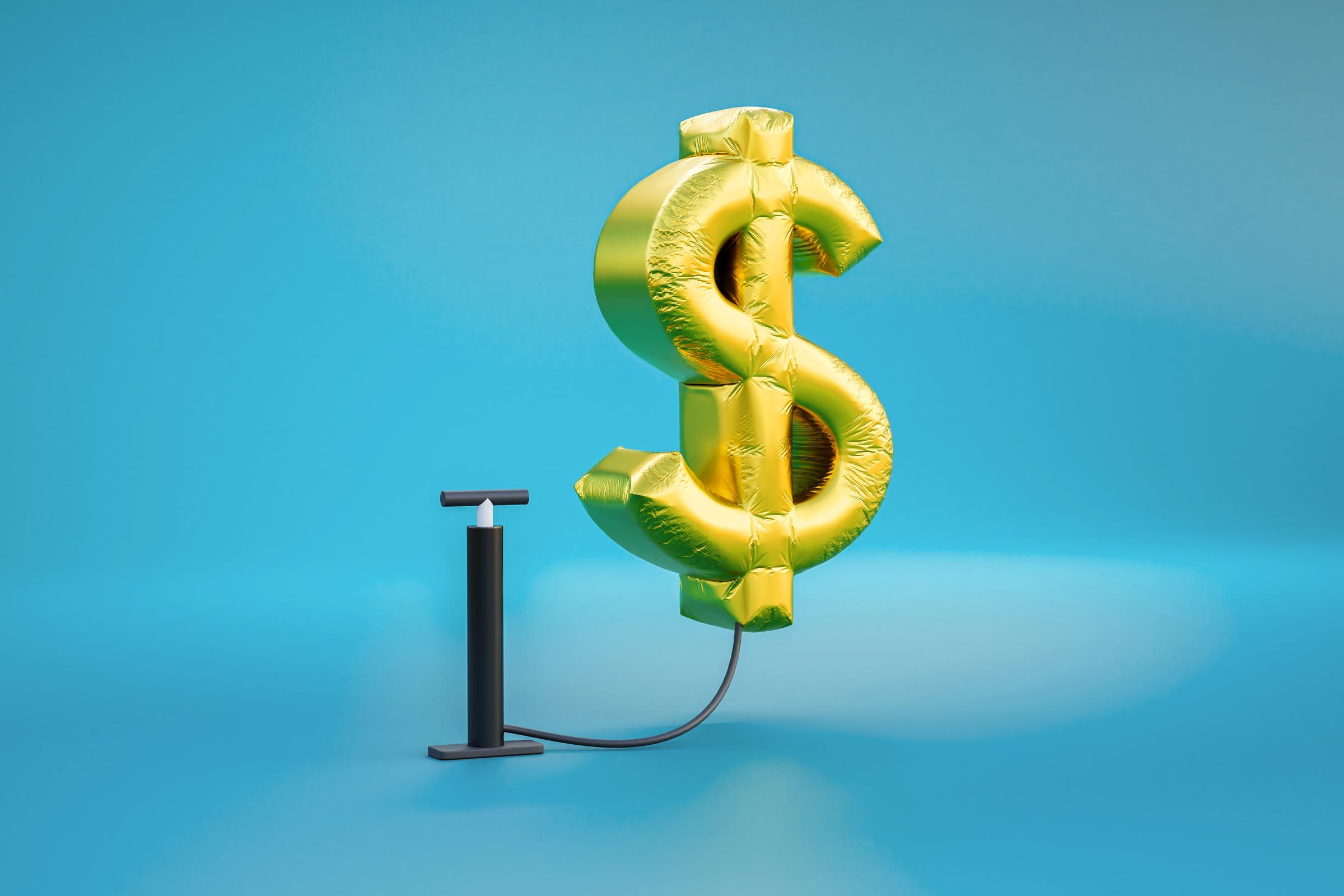 A gold, inflated dollar sign connects to a black pump against a smooth blue background.